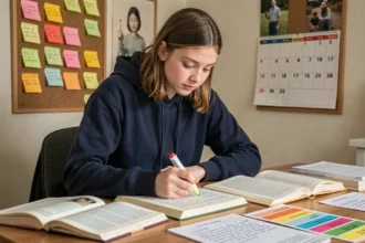 Lycéenne révisant la philosophie pour le bac 2026 avec des fiches de révision et des manuels sur son bureau