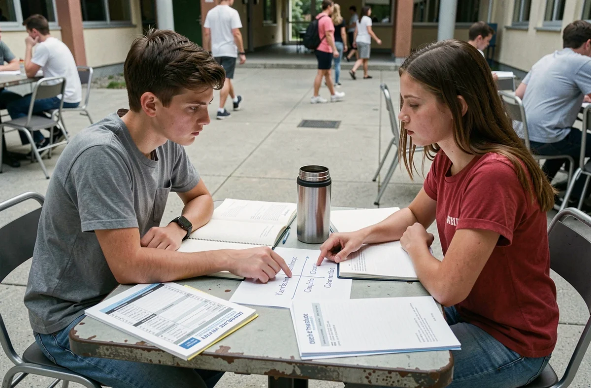 Deux lycéens planifiant leur planning de révision philo et grand oral du bac 2026 en extérieur