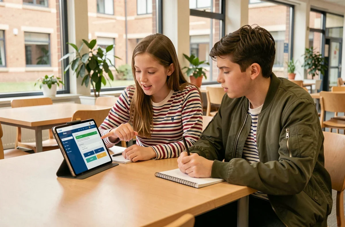 Deux lycéens explorant ensemble la plateforme Lycée Connecté sur une tablette dans un espace commun scolaire en Nouvelle-Aquitaine