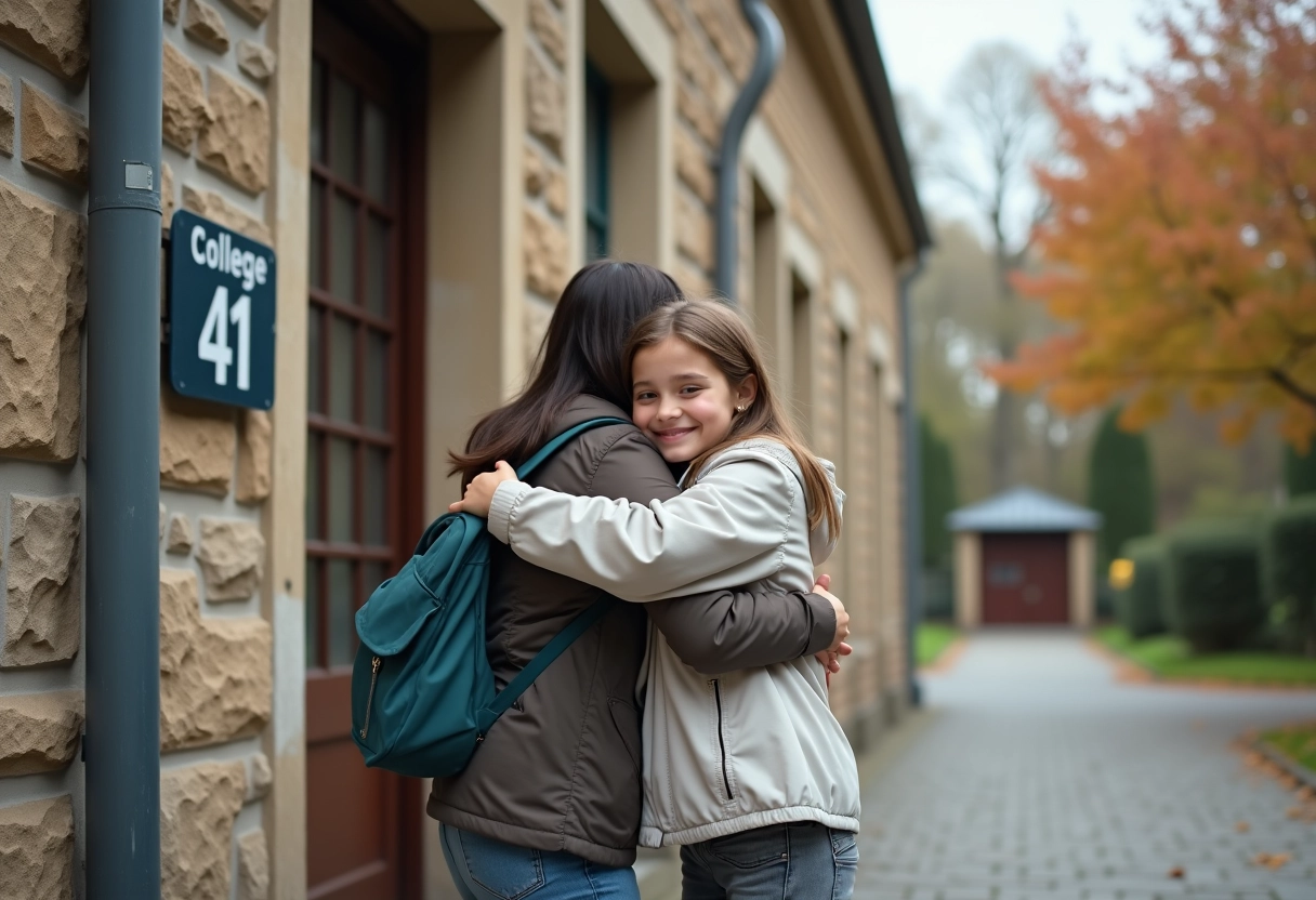 Mère rassurante et fille en étreinte devant collège