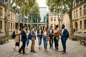 Étudiants de différents âges traversant une cour de campus en Côte-d'Or, symbolisant les centres de formation de la région