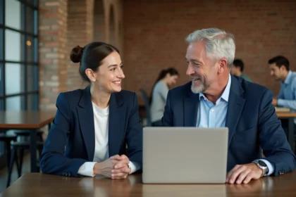 Femme professionnelle en séance de mentorat de carrière avec un mentor expérimenté dans un espace de coworking moderne