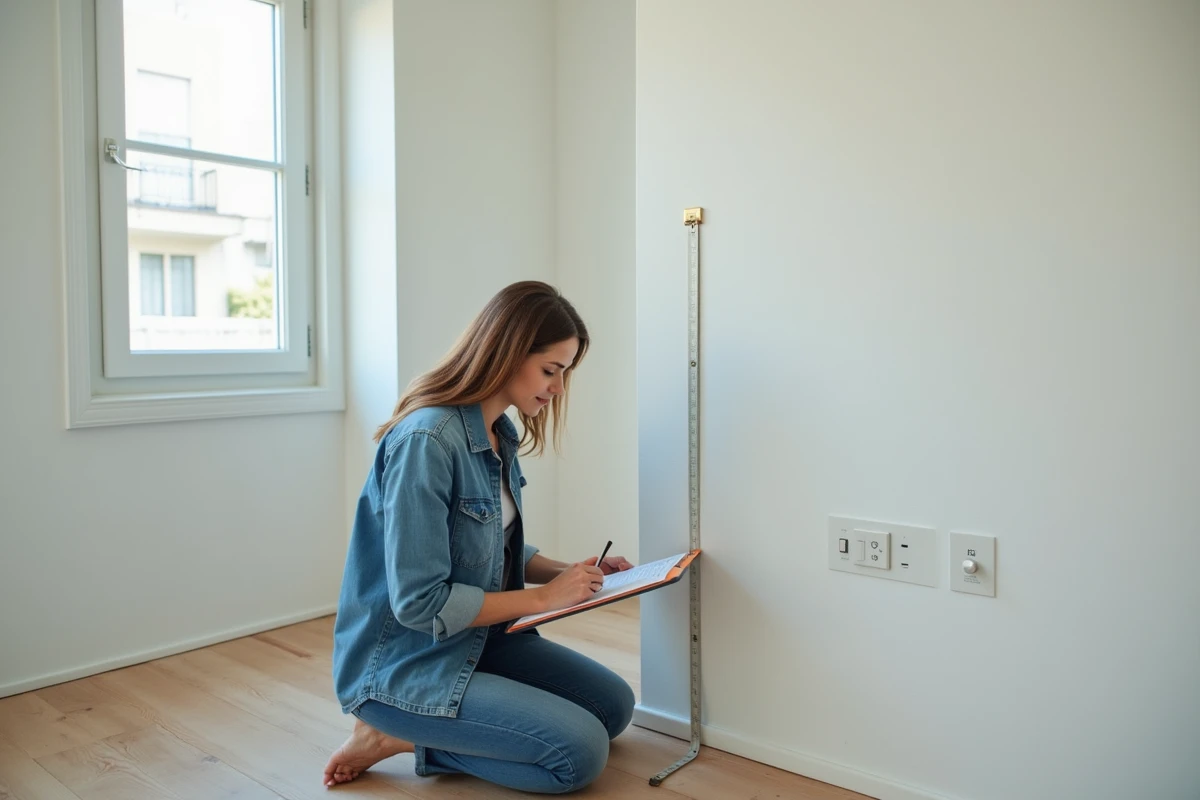 Femme mesurant les murs d'un appartement vide lors d'une visite immobilière, carnet de notes à la main, démarche de primo-accédante