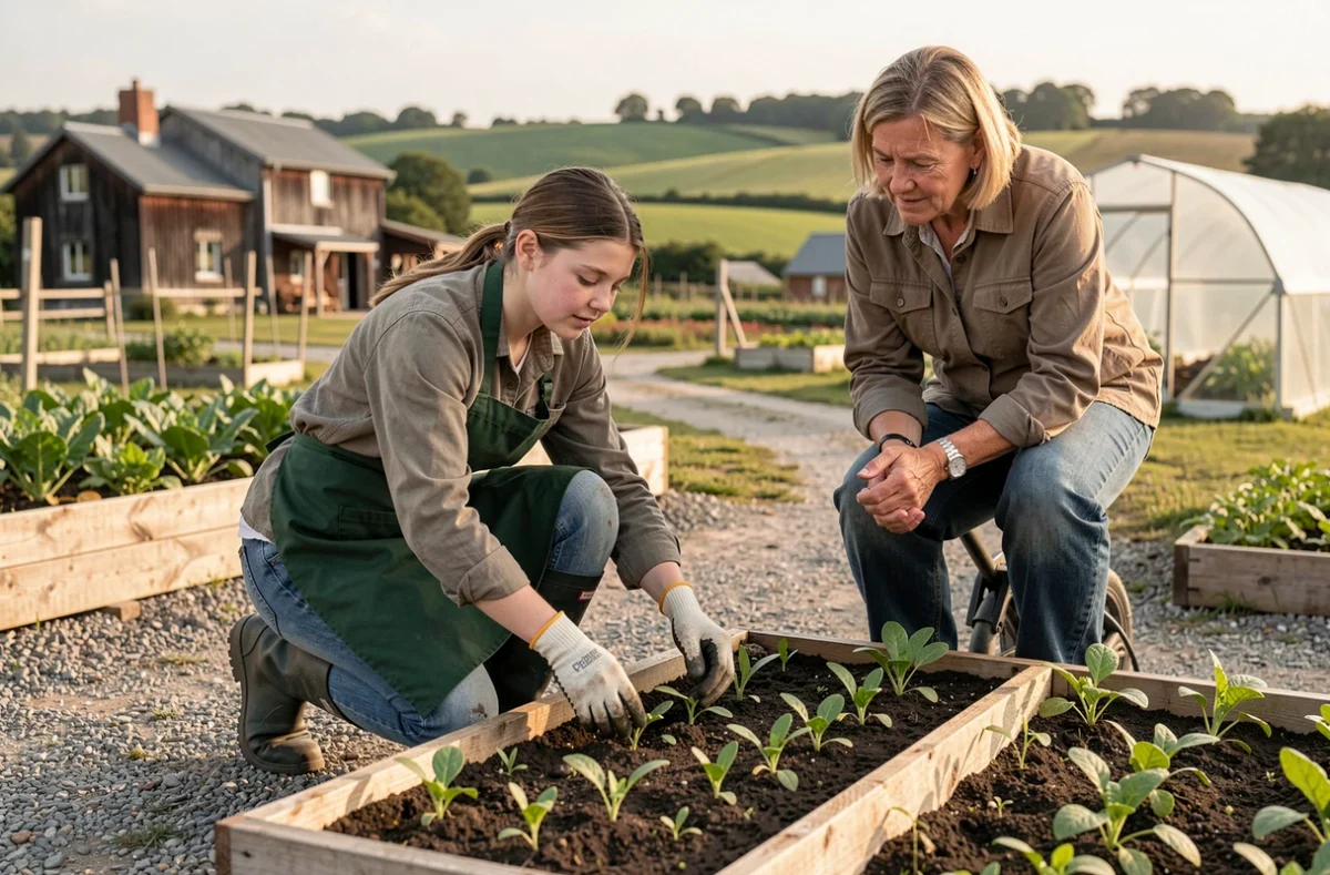 Jeune apprentie en formation agricole à la MFR de Grandchamp cultivant des légumes dans le jardin pédagogique