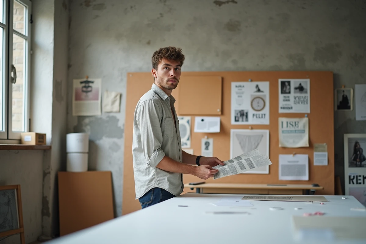 Jeune étudiant en art constituant un moodboard et un book créatif pour postuler à l'école Duperré Paris