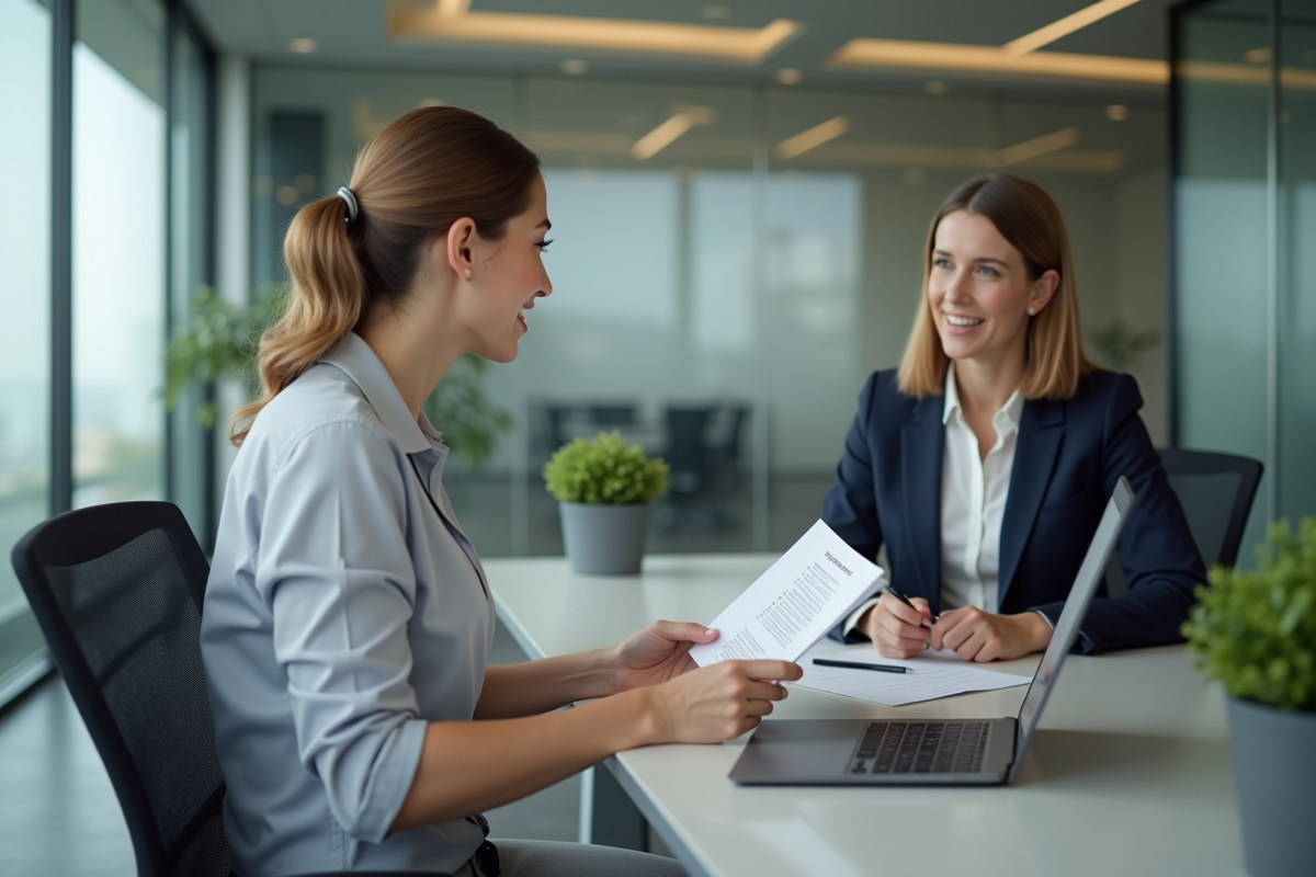 Jeune femme internée en réunion avec une responsable RH dans une salle moderne
