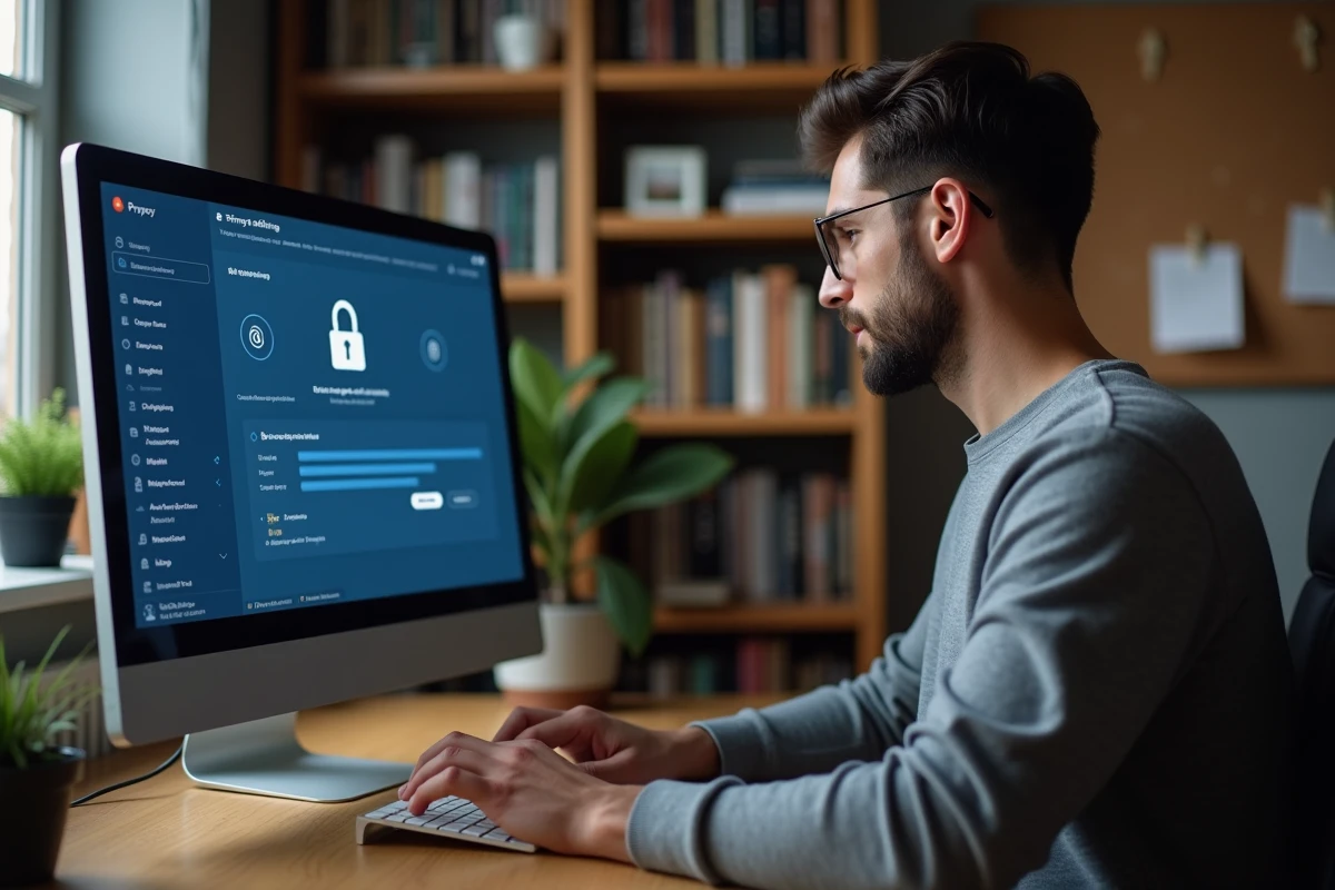 Homme gérant les paramètres de confidentialité et la sécurité de ses données depuis son bureau à domicile