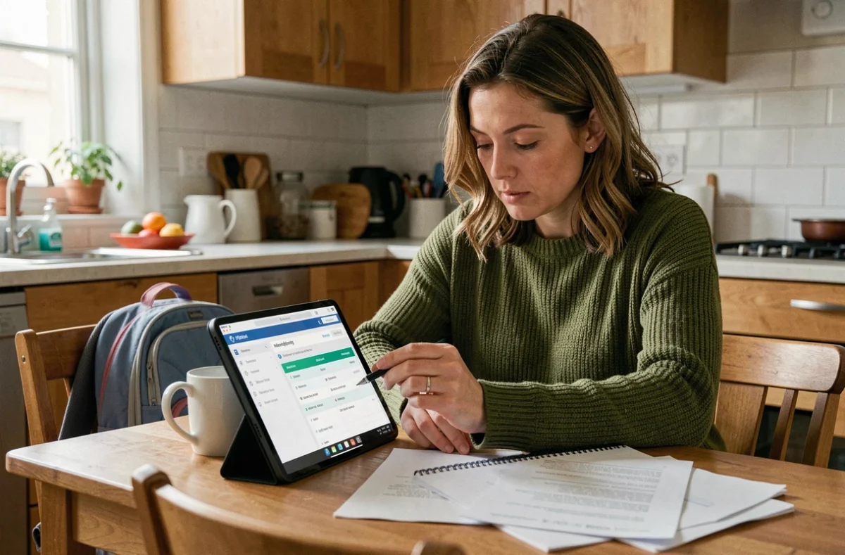 Mère de famille consultant le suivi scolaire de son enfant sur l'ENT Cholet via une tablette dans la cuisine