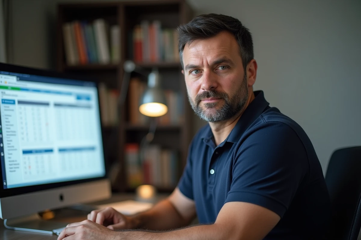 Père consultant le portail scolaire Eclyco sur un ordinateur de bureau pour suivre les notes et les bulletins de son enfant depuis son bureau à domicile