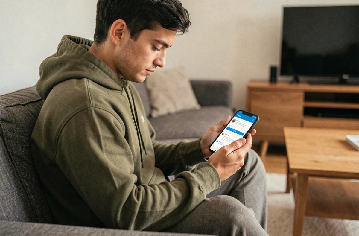 Jeune personne sur un canapé consultant une aide en ligne sur smartphone pour résoudre un problème de connexion