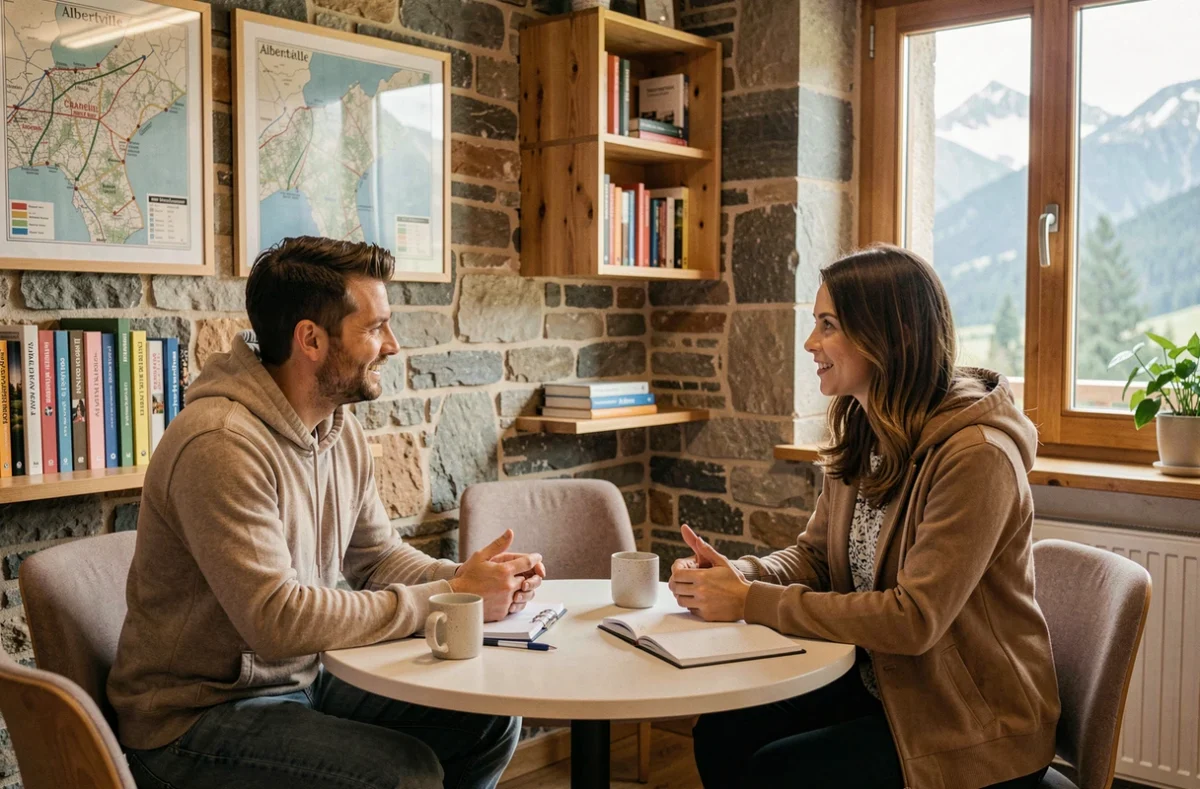 Apprenants adultes en formation anglais avec un formateur natif dans une salle de cours à Albertville ou Chambéry pour Phileas World Savoie