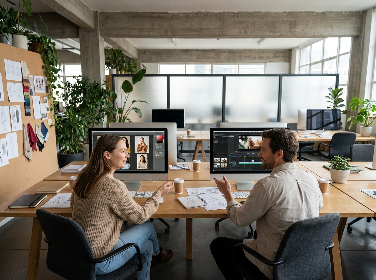 Un photographe et un vidéaste collaborant dans un bureau créatif moderne en comparant leurs travaux respectifs sur deux écrans, illustration du choix entre les deux métiers