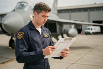 Futur pilote de chasse en combinaison de vol consultant une checklist devant un avion militaire sur le tarmac d'une base aérienne