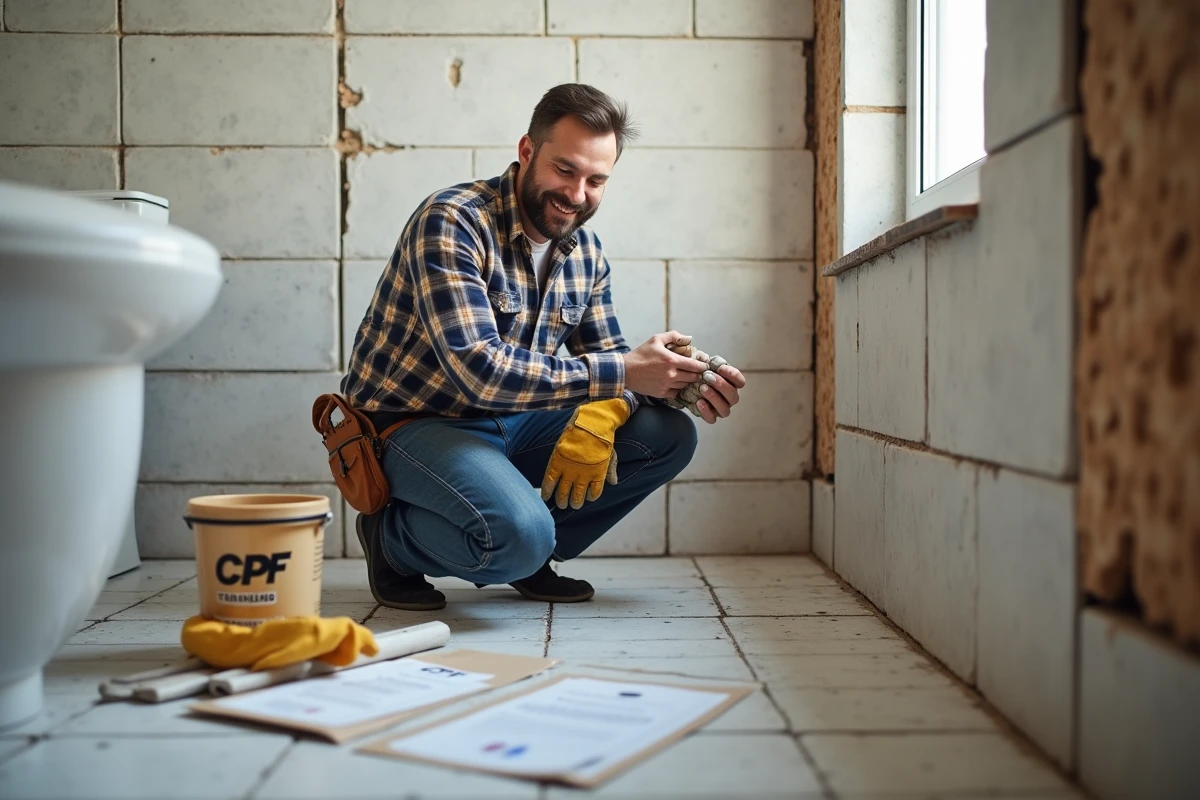 Homme en train de poser du carrelage dans une salle de bain après avoir suivi une formation bricolage financée par le CPF