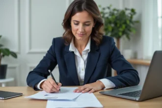 Femme préparant ses documents pour une inscription Pôle emploi à son bureau à domicile