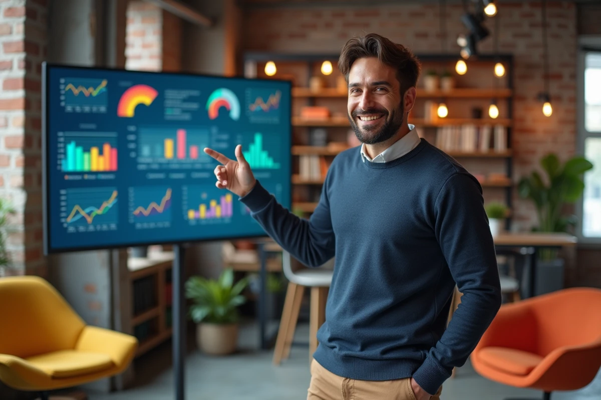 Homme présentant des données AI dans un espace coworking