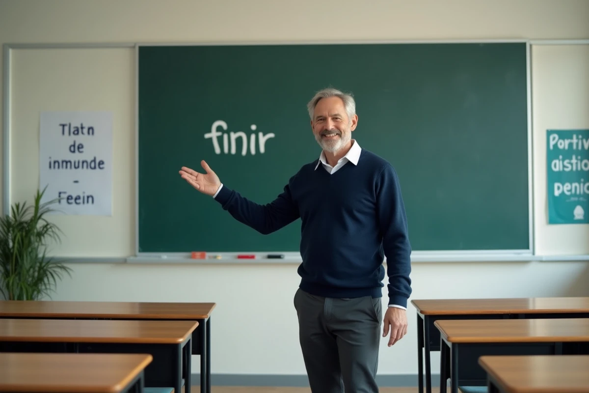 Enseignant de français expliquant la conjugaison du verbe finir au tableau dans une salle de classe