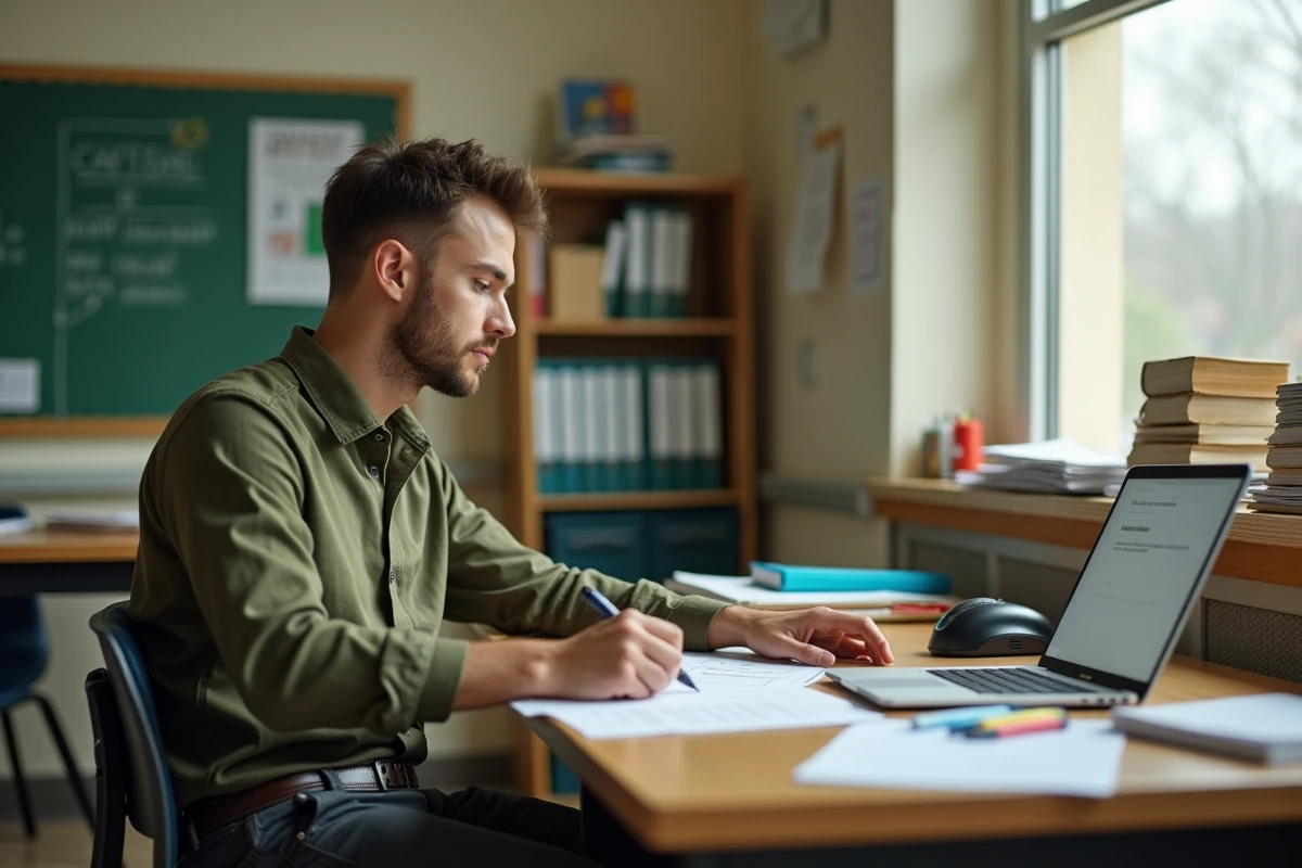 Professeur des écoles consultant sa fiche de salaire à son bureau, représentant la rémunération d'un enseignant après le concours de l'éducation nationale