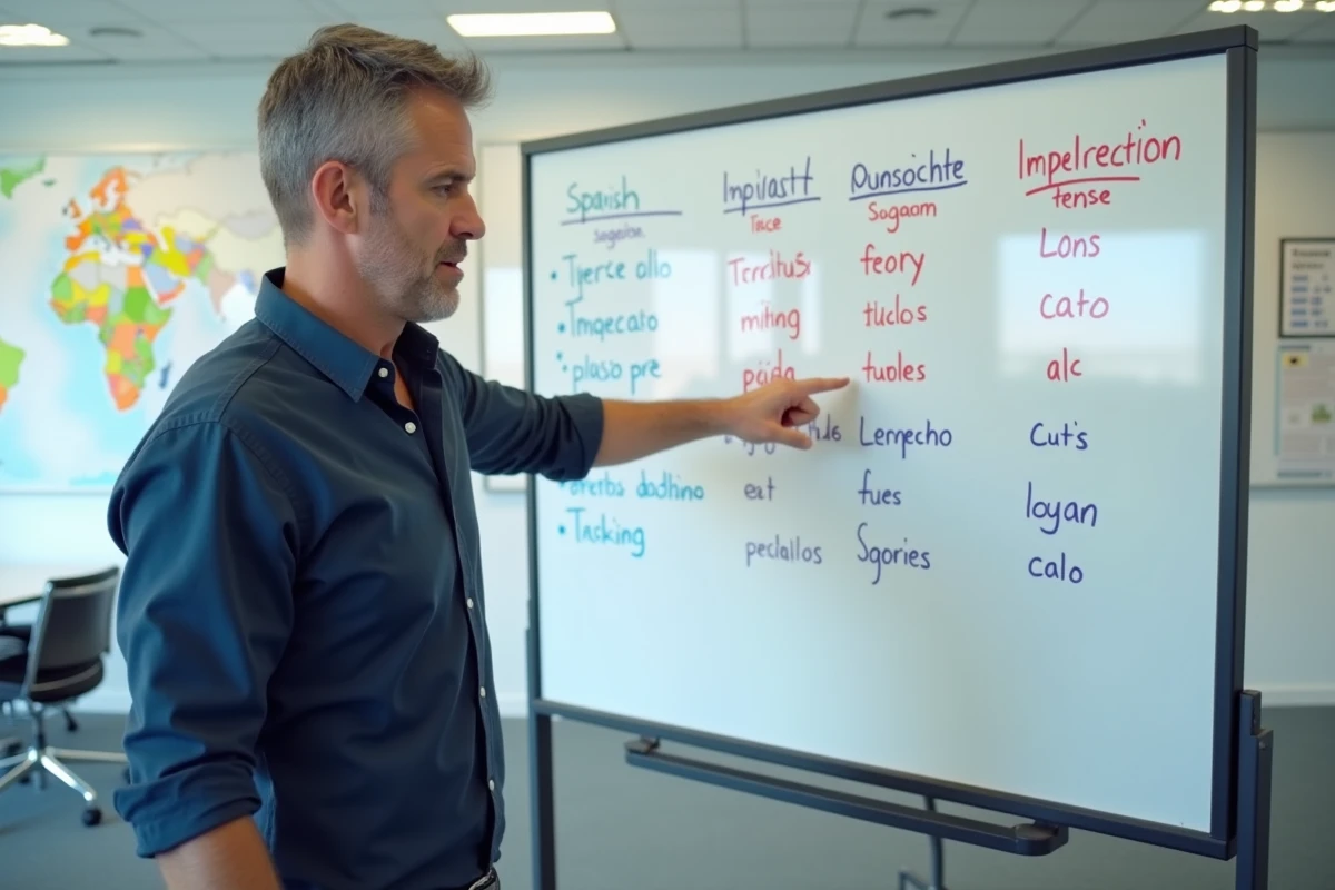 Professeur d'espagnol expliquant la conjugaison à l'imparfait devant un tableau blanc avec des tableaux de conjugaison colorés