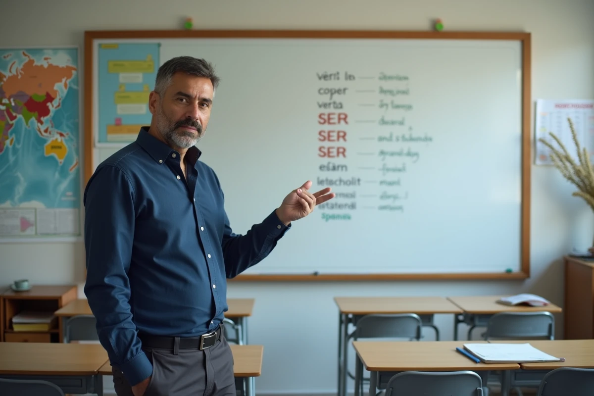Professeur d'espagnol présentant la conjugaison complète du verbe SER au tableau blanc dans une salle de classe moderne