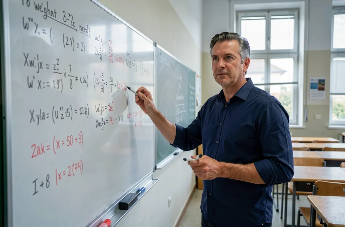 Professeur expliquant le calcul de moyenne avec coefficient au tableau dans une salle de classe