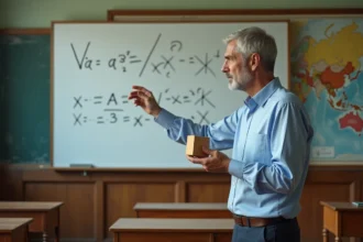 Professeur de mathématiques expliquant la formule du volume d'un cube devant un tableau blanc dans une salle de classe universitaire