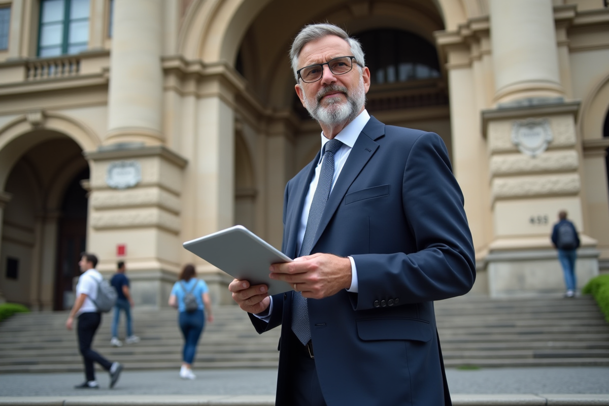 Professeur en costume regardant un graphique sur une tablette devant un bâtiment historique