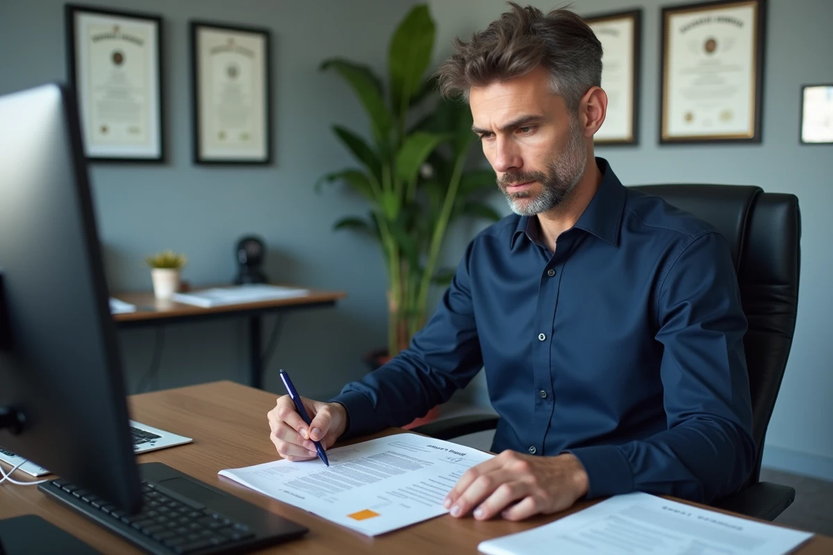Psychologue professionnel interprétant les résultats d'un test de QI dans son cabinet, ambiance clinique et officielle