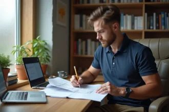 Homme en reconversion professionnelle dans le BTP étudiant une formation en ligne sur son bureau à domicile avec des plans de construction