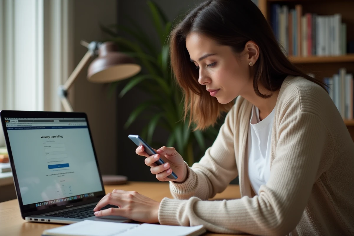 Jeune femme consultant son téléphone pour récupérer son mot de passe oublié de l'intranet académique d'Amiens depuis son domicile