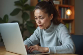 Femme cherchant à récupérer son mot de passe sur un portail en ligne depuis un bureau à domicile