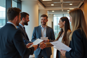 Jeune groupe d'internes et un manager se serrant la main dans un hall moderne