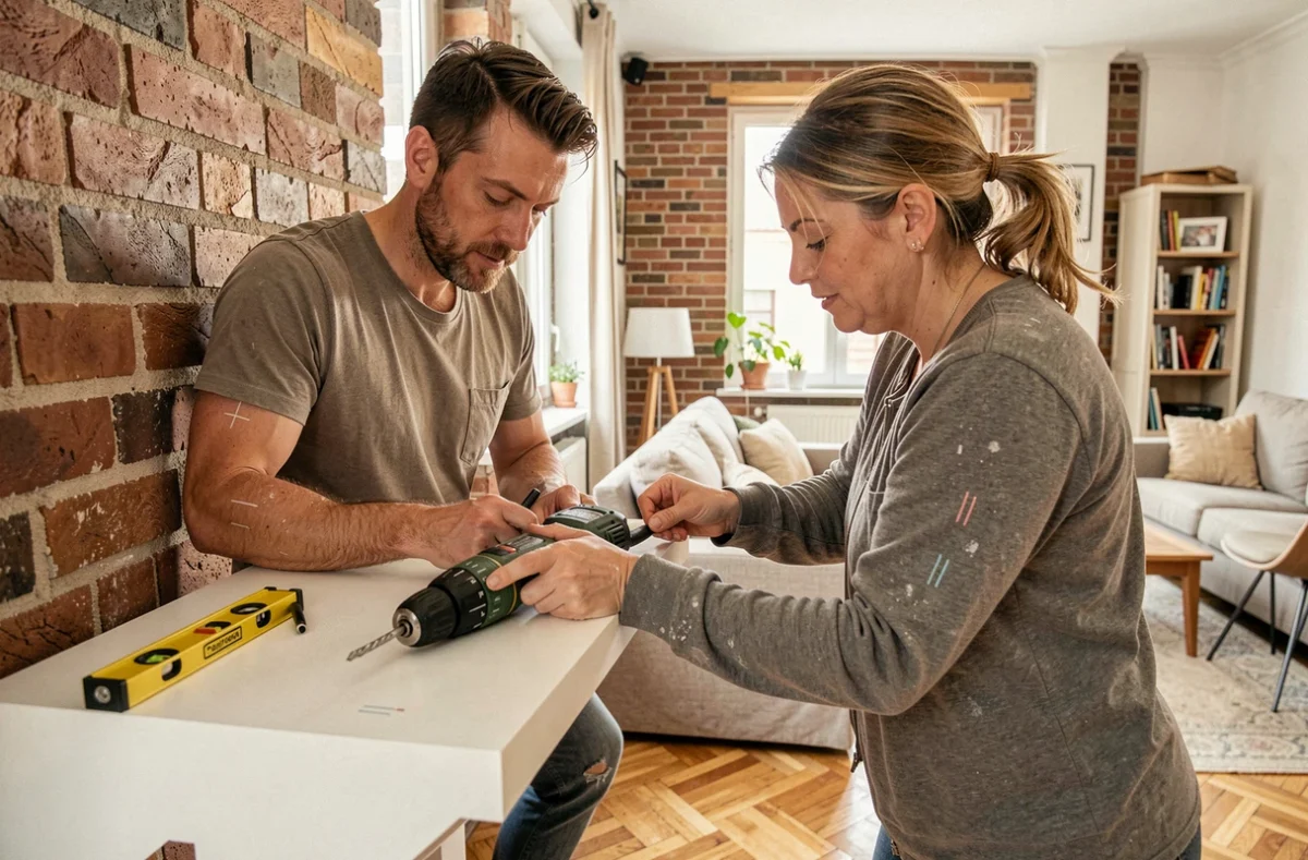 Deux adultes posant une étagère murale ensemble dans un salon, illustrant les résultats concrets d'une formation bricolage CPF Académie du Bricolage