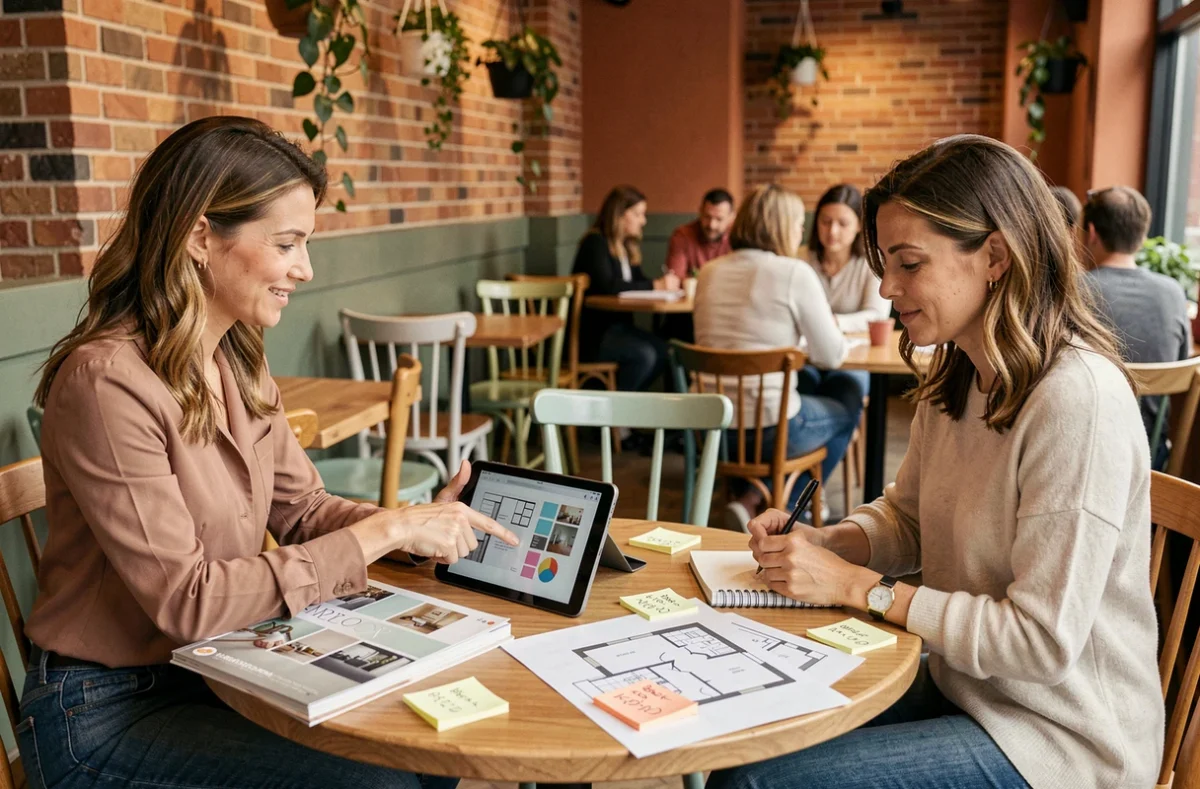 Deux femmes planifiant un projet de décoration intérieure autour de magazines, plans et estimations budgétaires dans un café