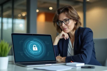 Femme professionnelle consultant un portail sécurisé sur son ordinateur portable dans un bureau moderne