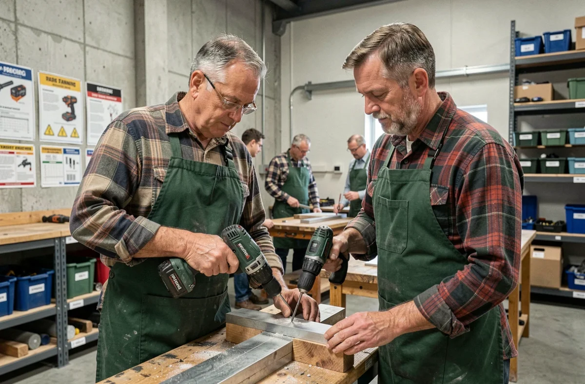 Stagiaire adulte en formation bricolage CPF dans un centre de formation professionnel avec instructeur
