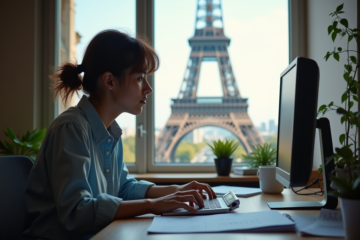 Stagiaire concentré travaillant avec vue sur la tour Eiffel