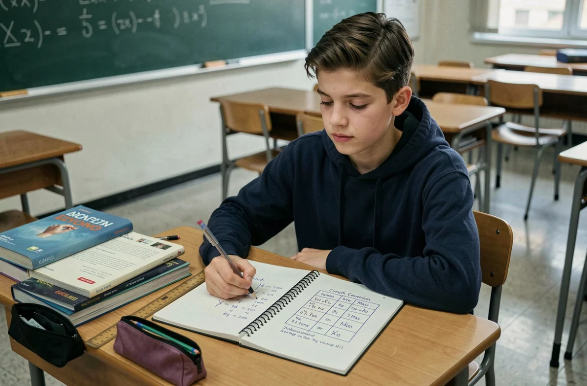 Adolescent étudiant un tableau de conversion de longueur, masse et contenance dans un cahier scolaire posé sur un bureau de classe