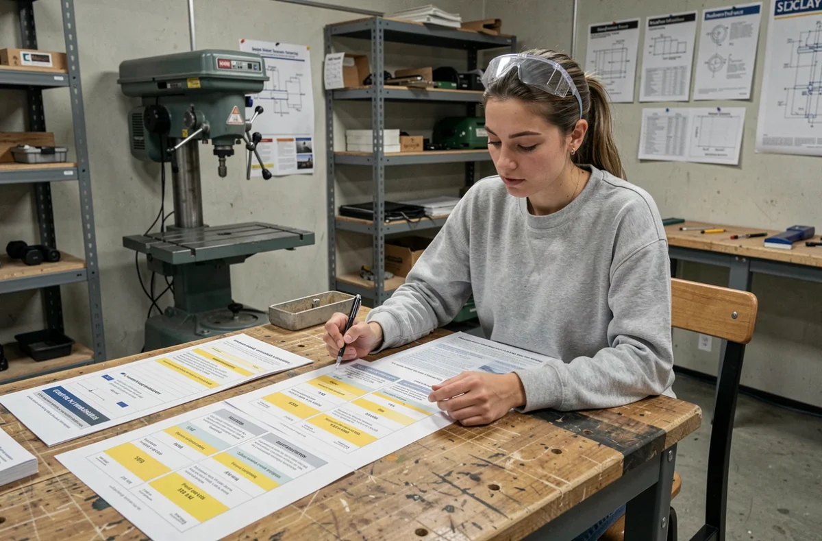 Femme consultant les tarifs et conditions d'accès aux formations d'un lab de bricolage