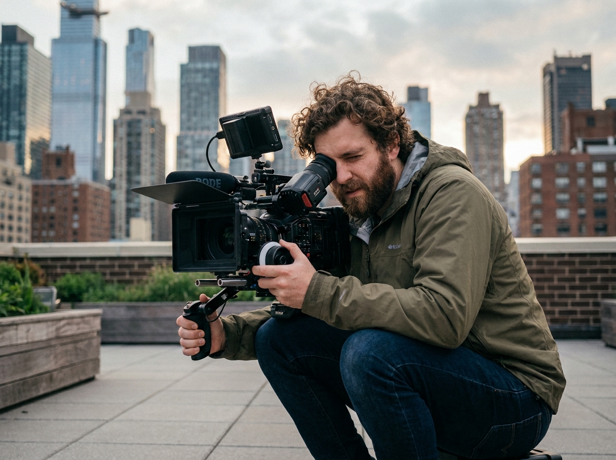 Vidéaste masculin opérant une caméra cinéma sur une terrasse urbaine avec horizon de ville en arrière-plan, symbolisant la carrière en vidéographie